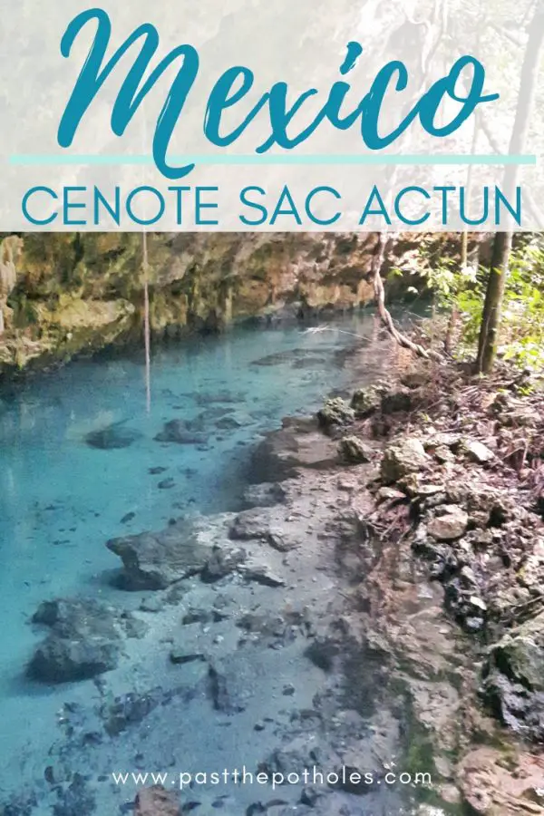 Turquoise water and rocks at cenote Sac Actun in Mexico with text overlay.