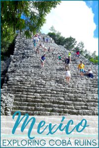 People climbing up steep pyramid with text: Exploring Coba ruins, Mexico.