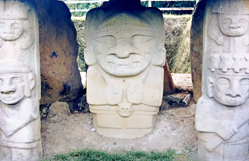 Ancient stone statues of people in San Agustin, Colombia.