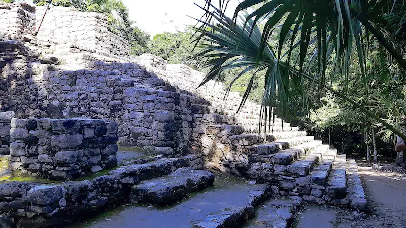 Stone steps on the back of a Mayan pyramid surrounded by jungle at Coba ruins, Mexico.