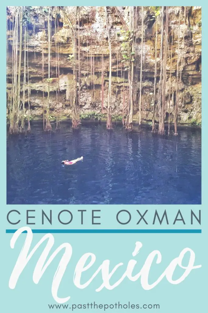Woman floating in deep blue water at Hacienda San Lorenzo Oxman with text: Cenote Oxman, Mexico.