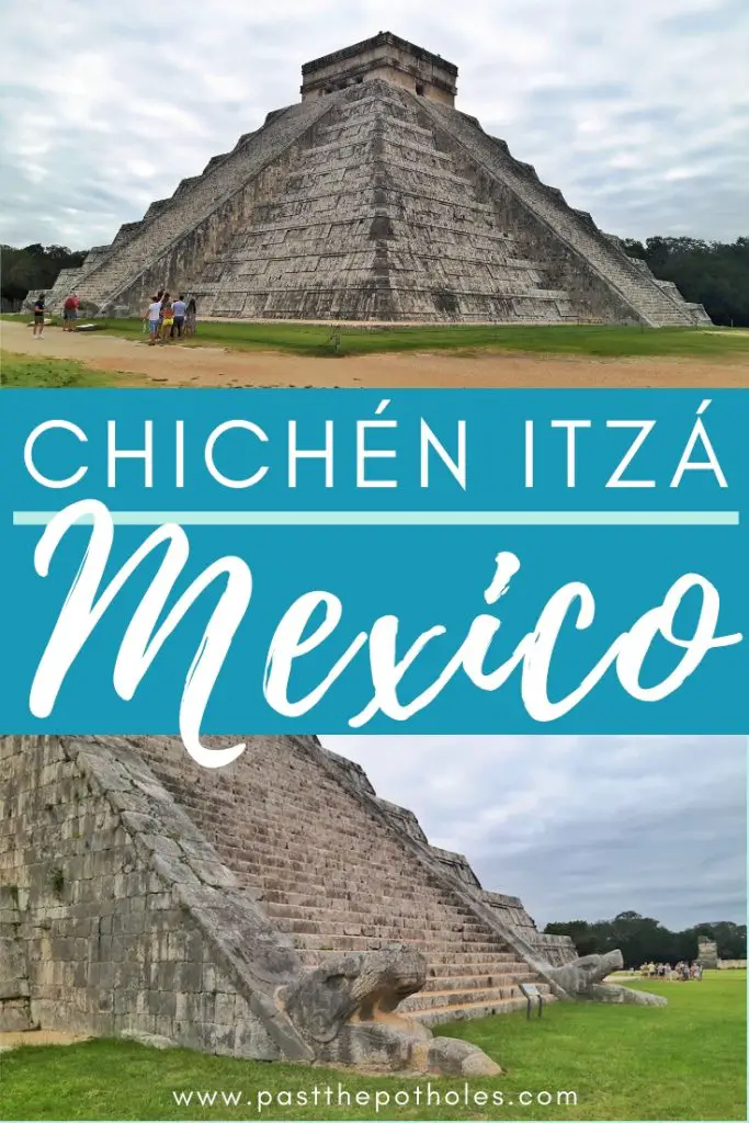 Pyramid from afar and close up of serpent head at base with the text: Chichen Itza, Mexico.