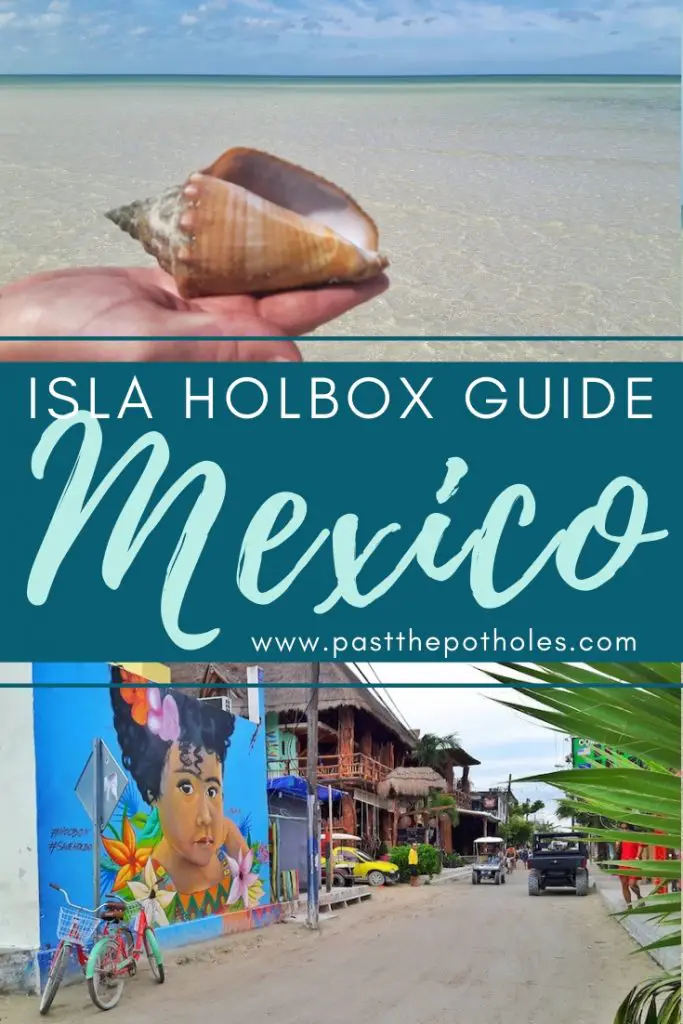 Beautiful beach with hammocks and sunset over fishing boats with text: Things to do in Holbox, Mexico.