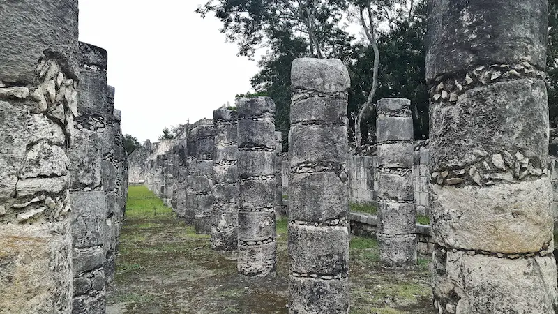 Rows and rows of stone columns in Chichen Itza, Mexico.