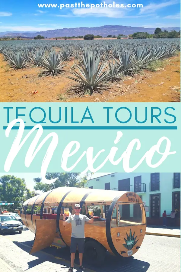 Agave field and barrel-shaped tequila tour bus with text: Tequila tours, Mexico