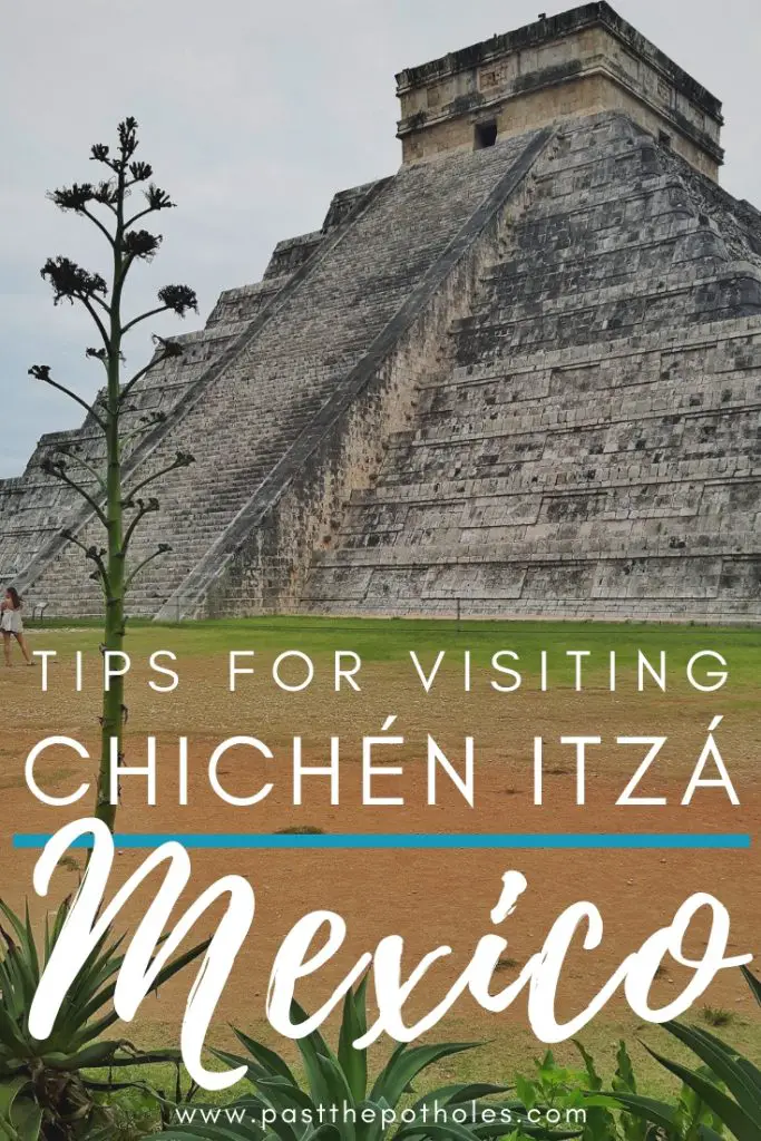 Stone pyramid between plants with the text: Tips for visiting Chichen Itza, Mexico.