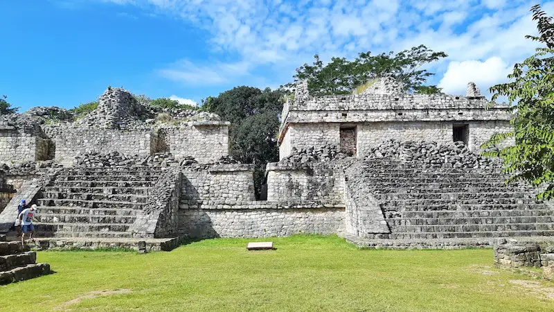 "Los Gemelos", two symmetrical stone temples at Ek Balam ruins, Mexico.