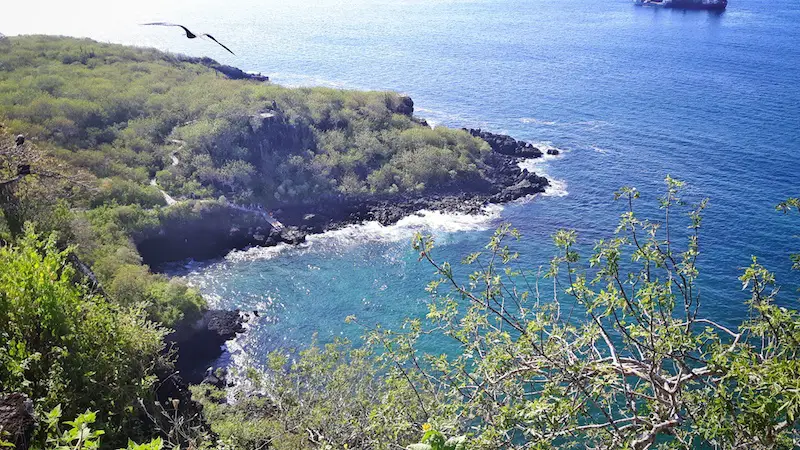 View of blue Darwin's Cove from Cerro Tijeretas lookout, San Cristobal Galapagos