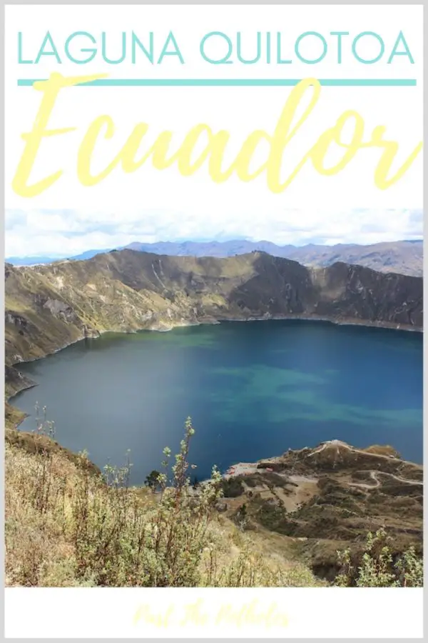 Bright blue volcano lake with text: Laguna Quilotoa Ecuador.