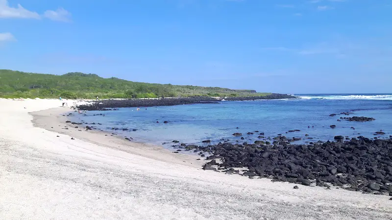 White sand, blue water and black lava rocks at La Loberia Beach, San Cristobal Galapagos.