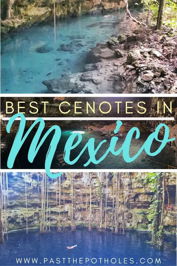 Clear blue water in water-filled caves with text: Best cenotes in Mexico.