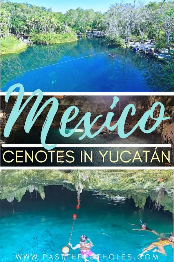 Blue water and swimming into a cave with text: Mexico, cenotes in Yucatan.