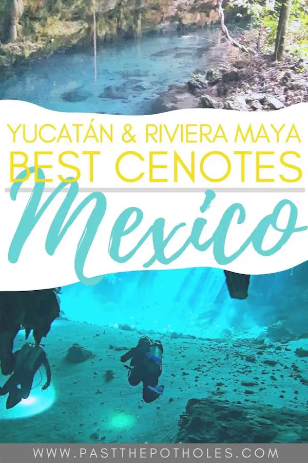 Blue water and divers underground with text "Best Cenotes in Yucatan & Riviera Maya, Mexico."