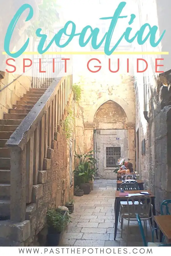 Tables in a narrow alley with text: Croatia, Split Guide.