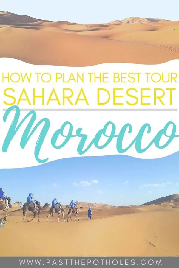 Camels across sand dunes in Sahara Desert tour, Morocco