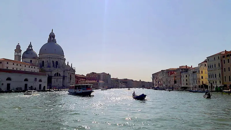 View from vaporetto along Grand Canal, Venice Italy.
