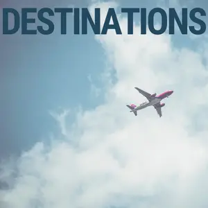 Plane flying through the blue sky with text 'Destinations'.