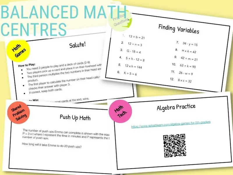 Images of balanced math centre instruction task cards.