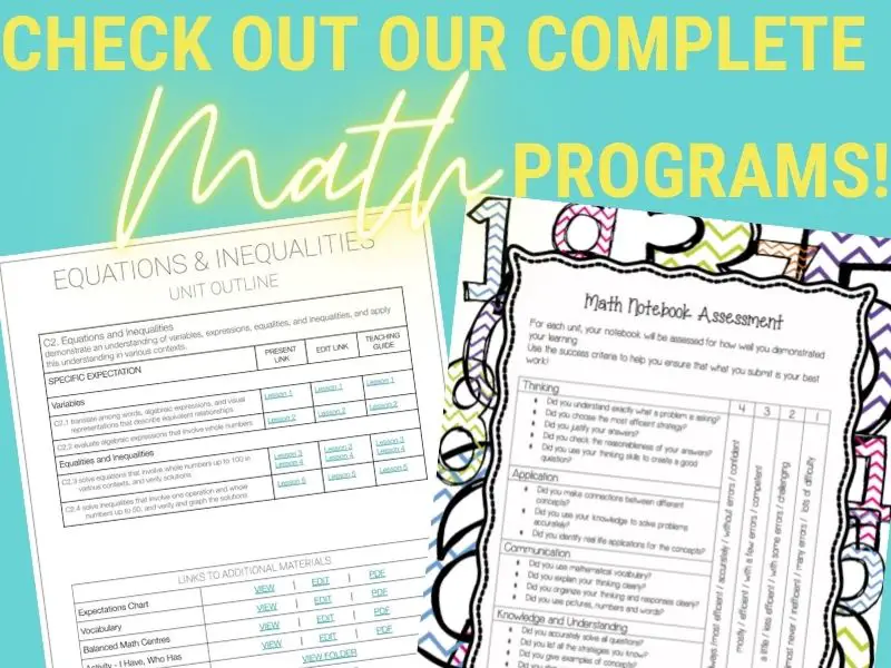 Screenshots of teacher guides for a full year math program with text "Check out our complete math programs".
