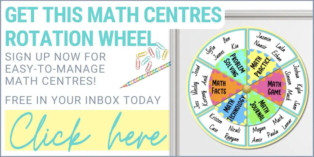 Click to sign up and receive a free math centres rotation wheel.