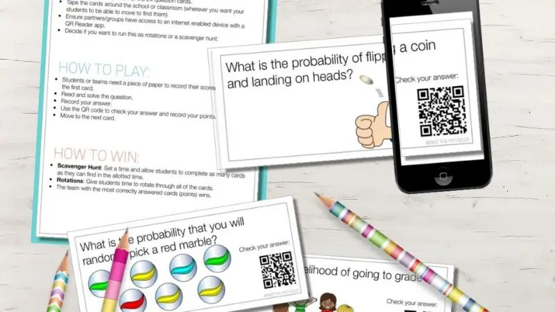 Image of task cards with QR codes to self-check answers being used on a cell phone.