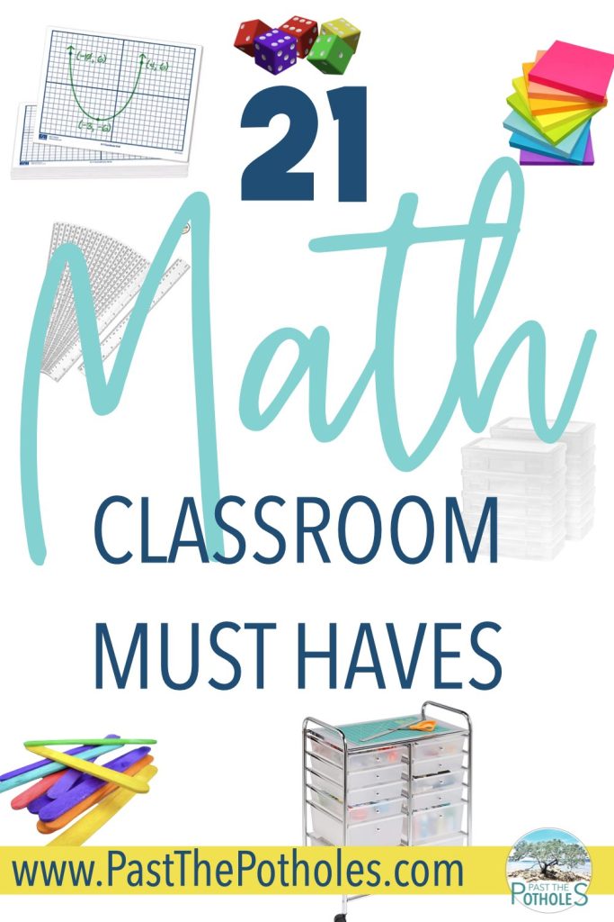 Must have math teacher supplies including dice, sticky notes, craft sticks, whiteboard, rulers and a rolling cart.  Click to pin!